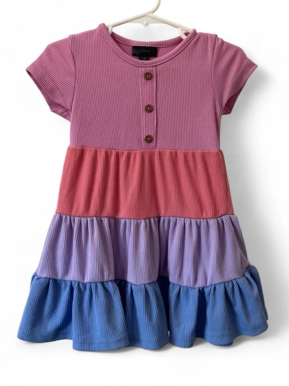 18M Girl Short Sleeve Dress Color Block Ribbed Knit Ruffle Hem Picapino EUC